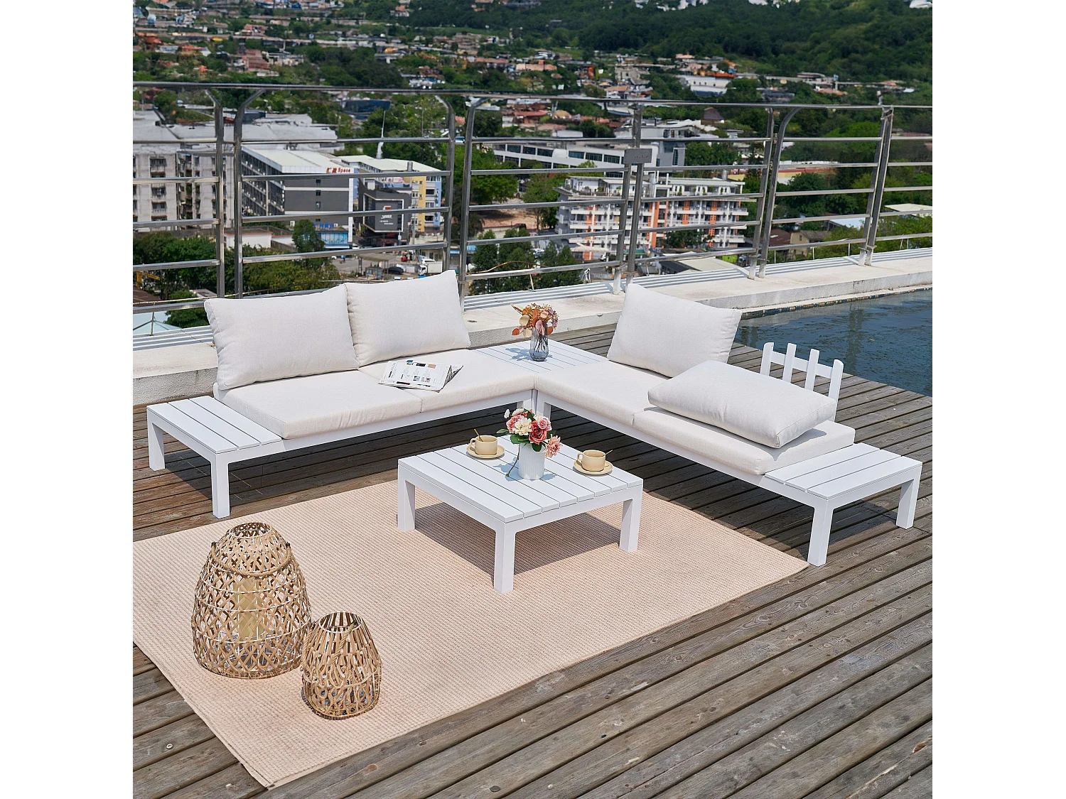 Conjunto Exterior Jardín Alcocebre Blanco: 2 Sofás, 2 Mesas (Con Cojines)