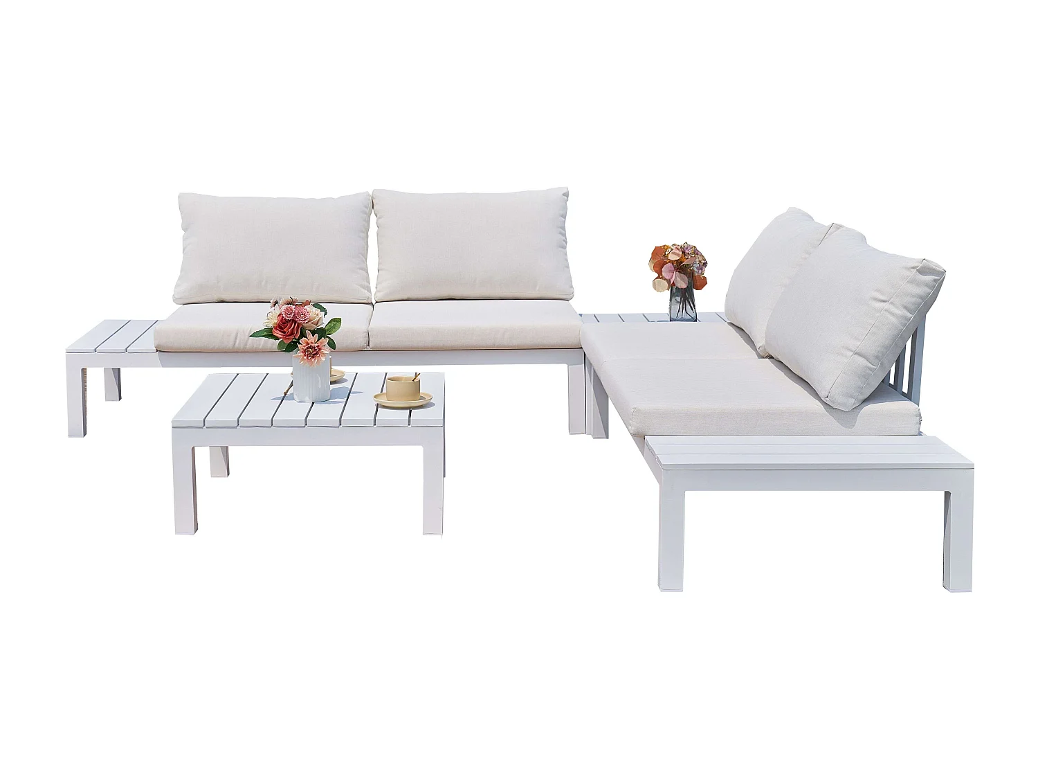 Conjunto Exterior Jardín Alcocebre Blanco: 2 Sofás, 2 Mesas (Con Cojines)