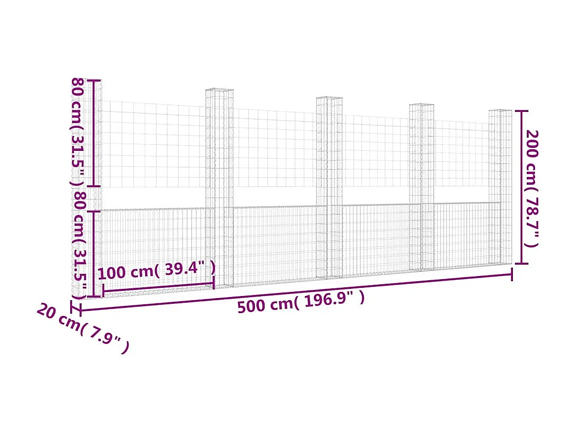 Mur en gabion-Panier de gabion en forme de U avec 5 poteaux Fer 500x20x200 cm