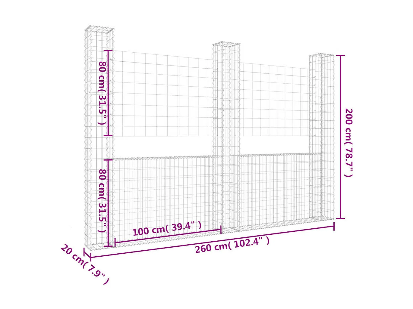 Panier de gabion-Mur en gabion en forme de U avec 3 poteaux Fer 260x20x200 cm