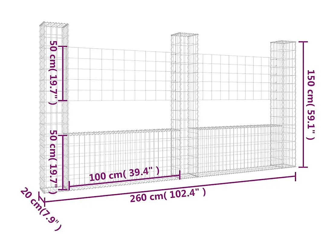 Panier de gabion-Mur en gabion en forme de U avec 3 poteaux Fer 260x20x150 cm