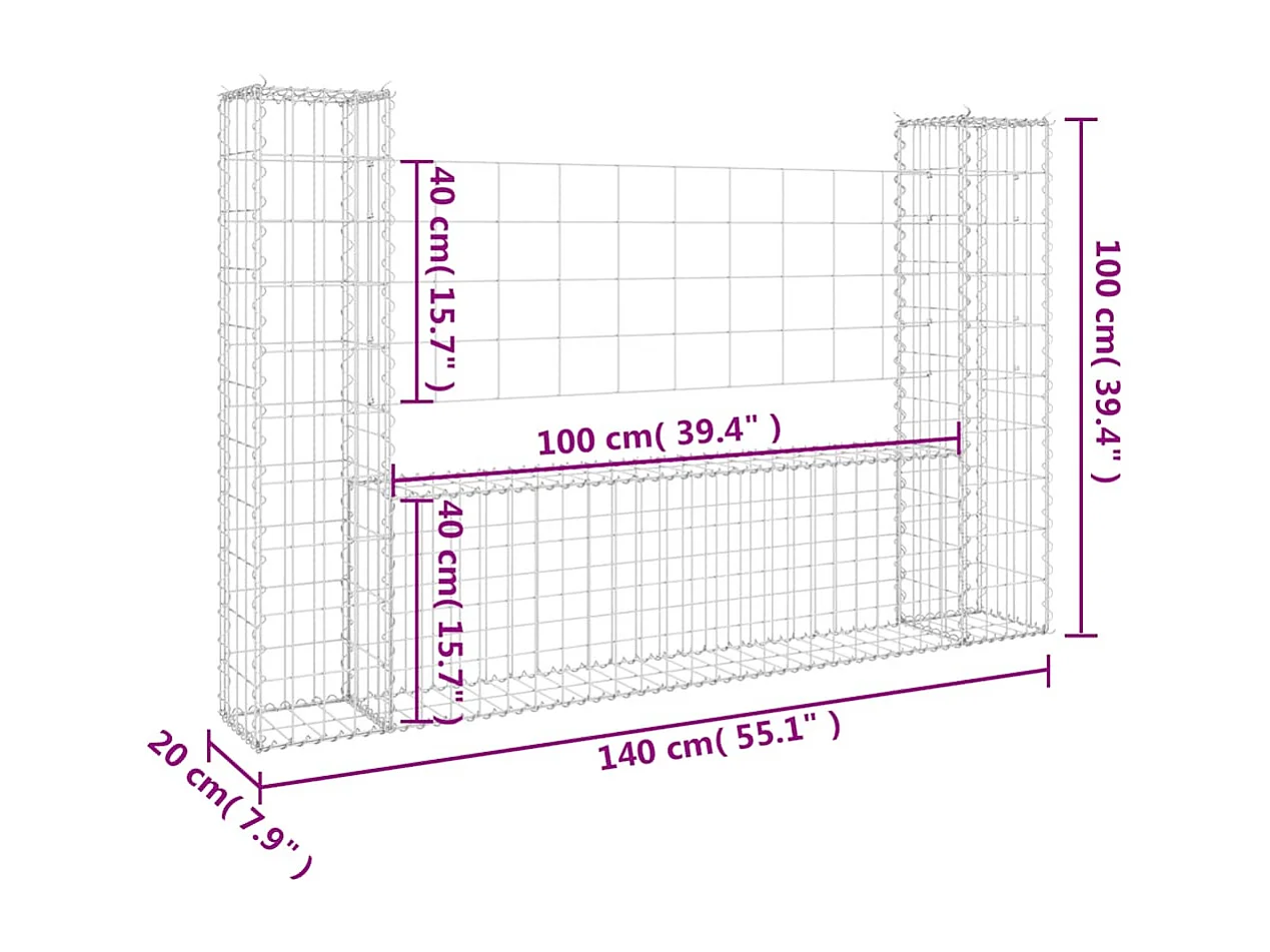 Panier de gabion-Mur en gabion en forme de U avec 2 poteaux Fer 140x20x100 cm