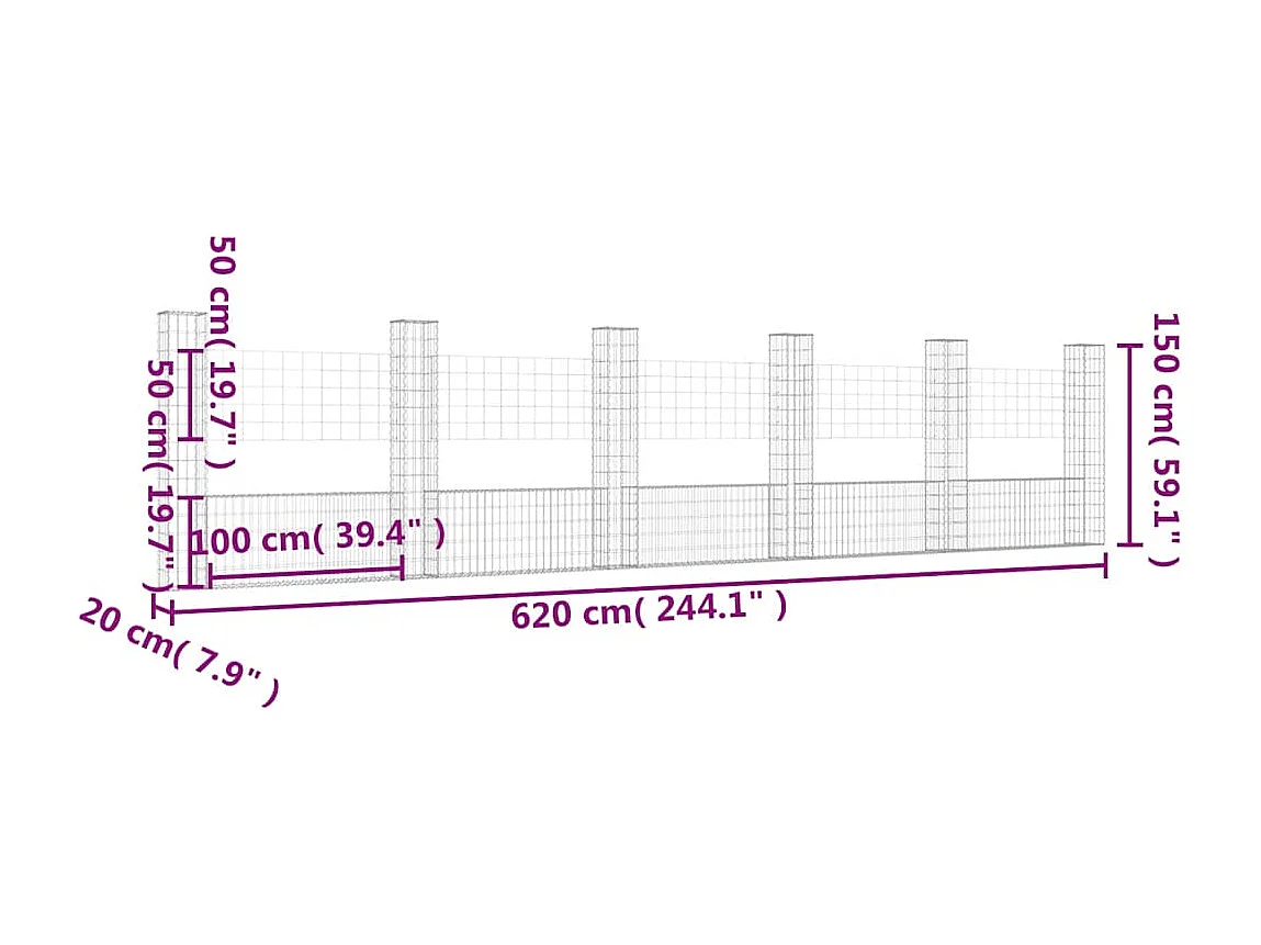 Mur en gabion-Panier de gabion en forme de U avec 6 poteaux Fer 620x20x150 cm