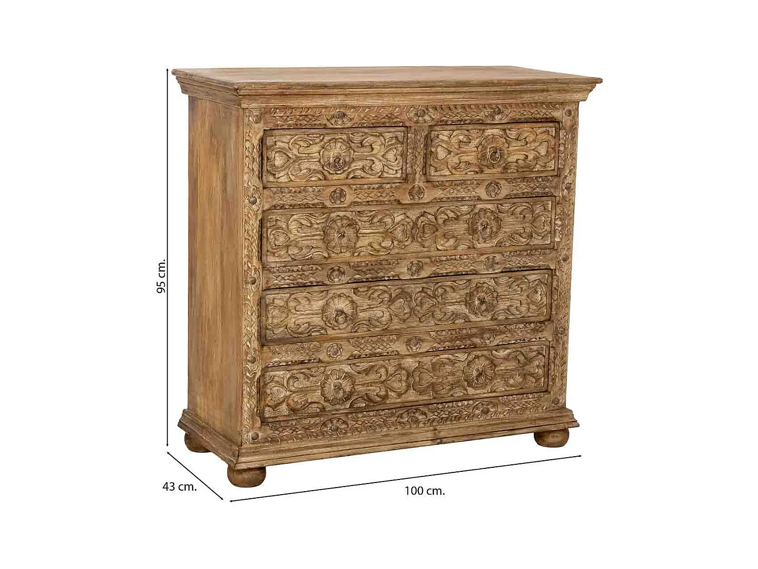 Cómoda de Madera artesanal con 5 cajones marrón 100x43x95h cm