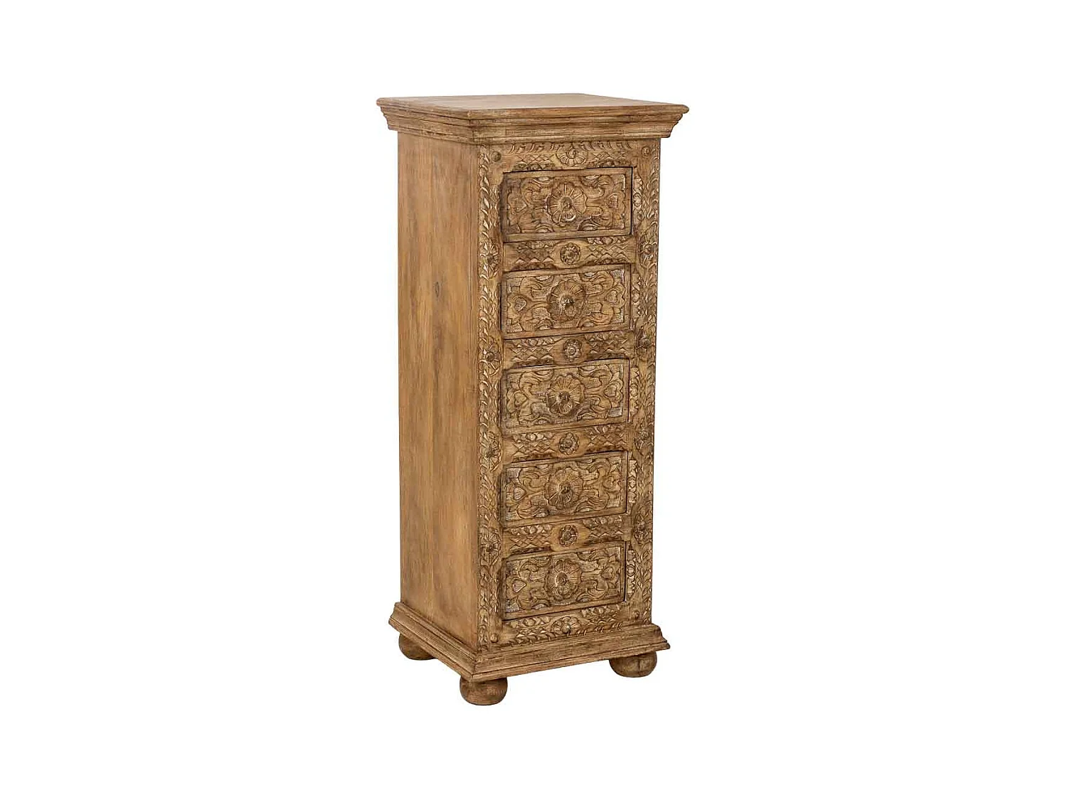 Commode artisanale en bois à 5 tiroirs marron, 45x40x100 cm