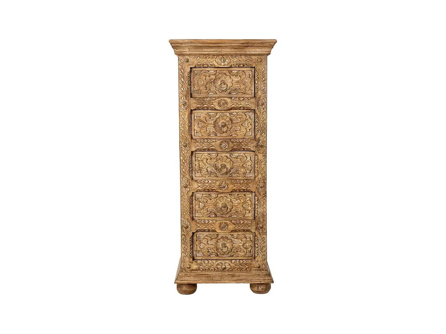Commode artisanale en bois à 5 tiroirs marron, 45x40x100 cm