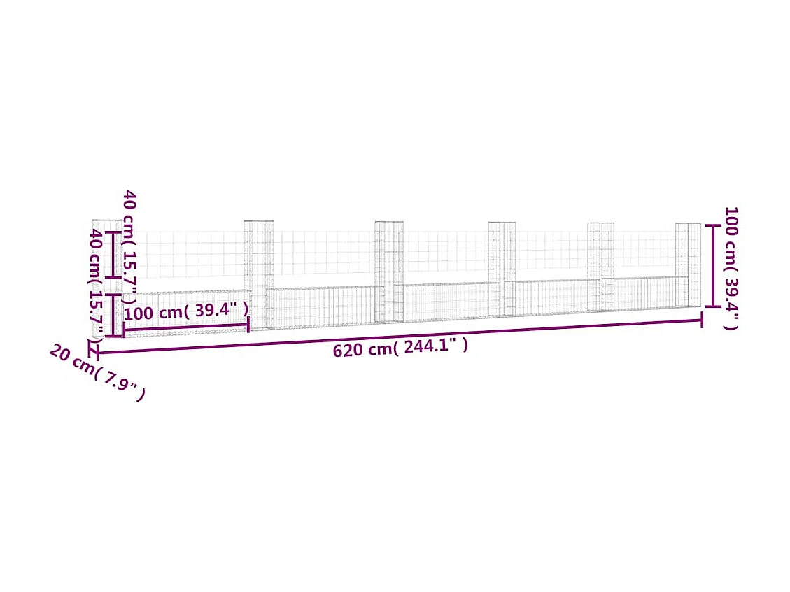 Mur en gabion-Panier de gabion en forme de U avec 6 poteaux Fer 620x20x100 cm
