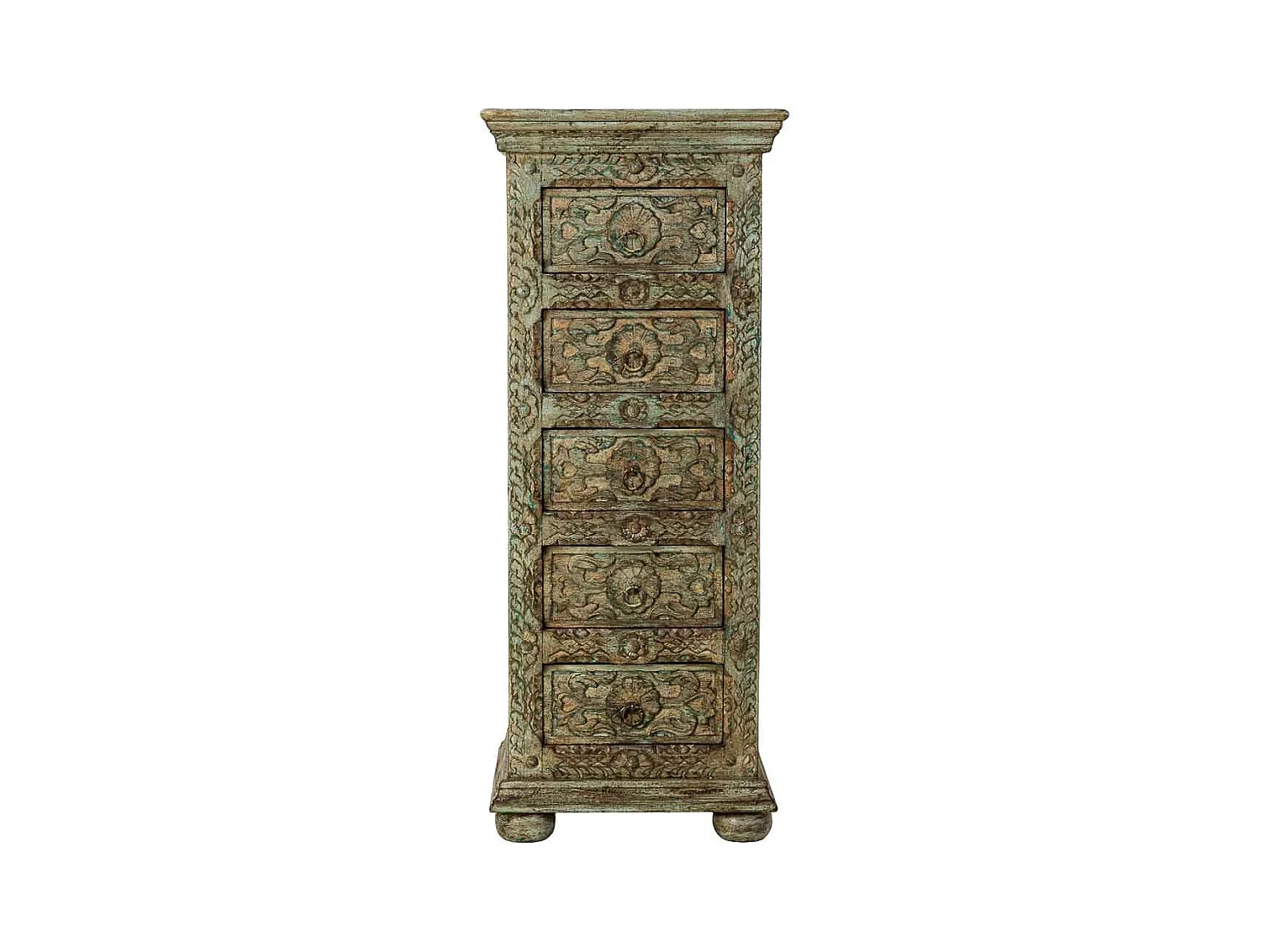 Commode artisanale en bois à 5 tiroirs bleu, 45x40x100 cm