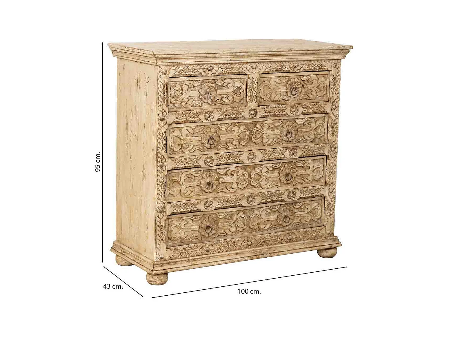 Commode artisanale en bois avec tiroirs beiges, 100x43x95 cm