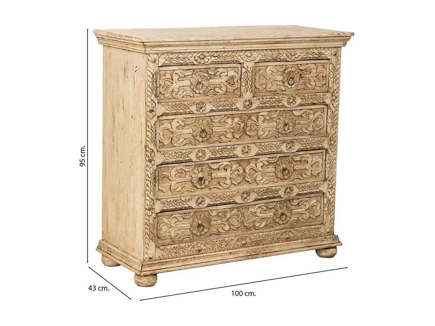 Cómoda artesanal em madeira com gavetas bege, 100x43x95 cm