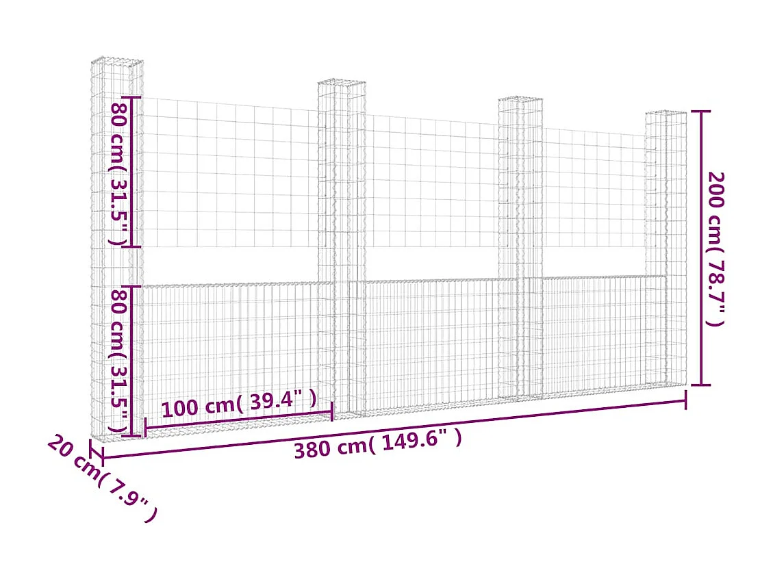 Mur en gabion-Panier de gabion en forme de U avec 4 poteaux Fer 380x20x200 cm