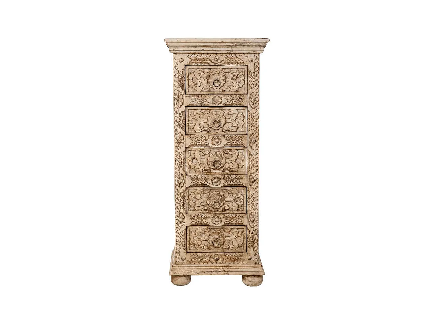 Commode artisanale en bois avec 5 tiroirs beiges, 45x40x100 cm