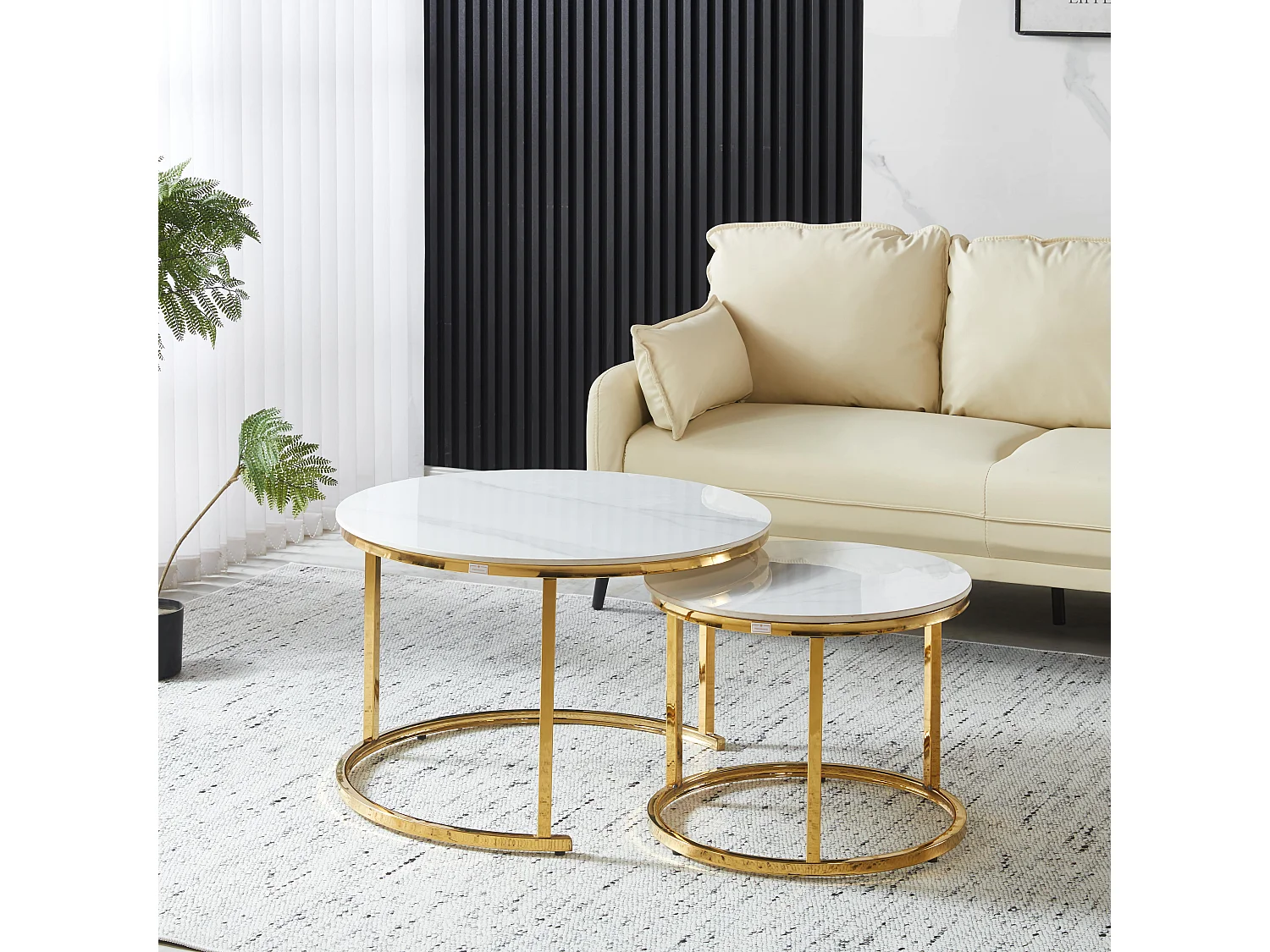 EleganceEssentials – Ensemble de Tables Basses de Luxe (Lot de 2) – Tables Rondes Ø70 & Ø50 cm – Plateau Effet Marbre Blanc – Pieds Métalliques Dorés Brillants