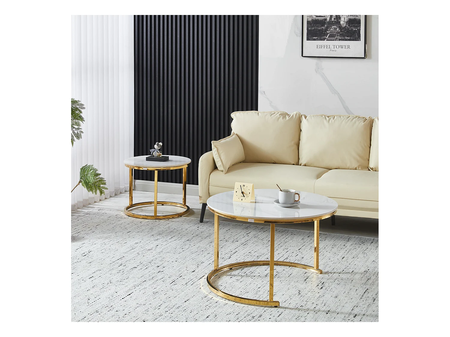 EleganceEssentials – Ensemble de Tables Basses de Luxe (Lot de 2) – Tables Rondes Ø70 & Ø50 cm – Plateau Effet Marbre Blanc – Pieds Métalliques Dorés Brillants