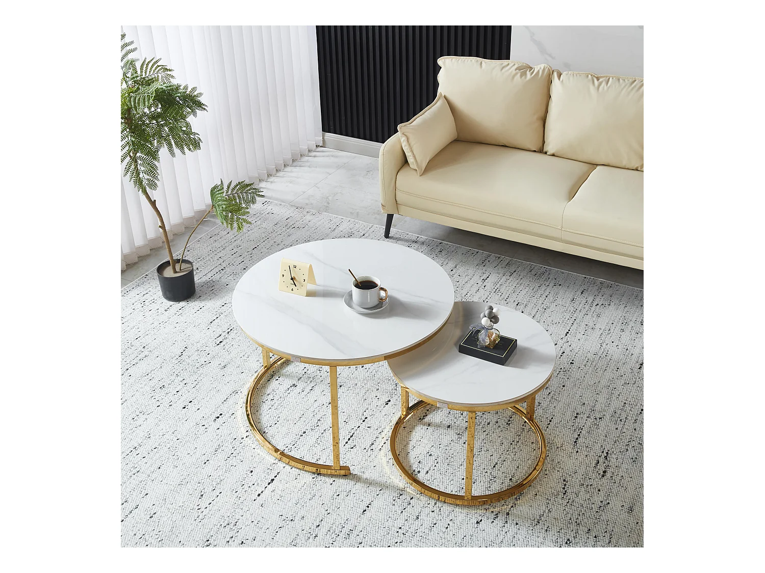 EleganceEssentials – Ensemble de Tables Basses de Luxe (Lot de 2) – Tables Rondes Ø70 & Ø50 cm – Plateau Effet Marbre Blanc – Pieds Métalliques Dorés Brillants