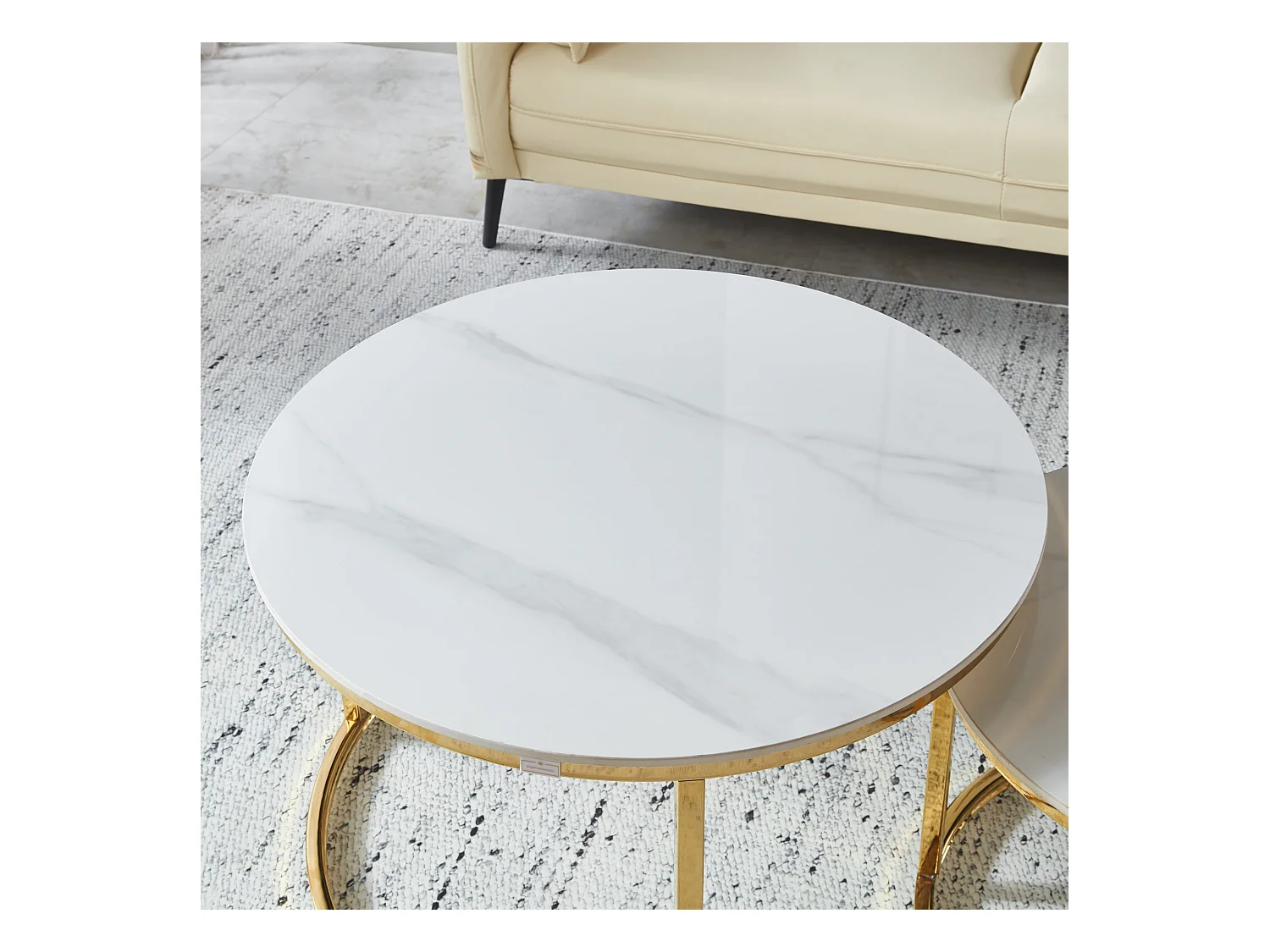 EleganceEssentials – Ensemble de Tables Basses de Luxe (Lot de 2) – Tables Rondes Ø70 & Ø50 cm – Plateau Effet Marbre Blanc – Pieds Métalliques Dorés Brillants