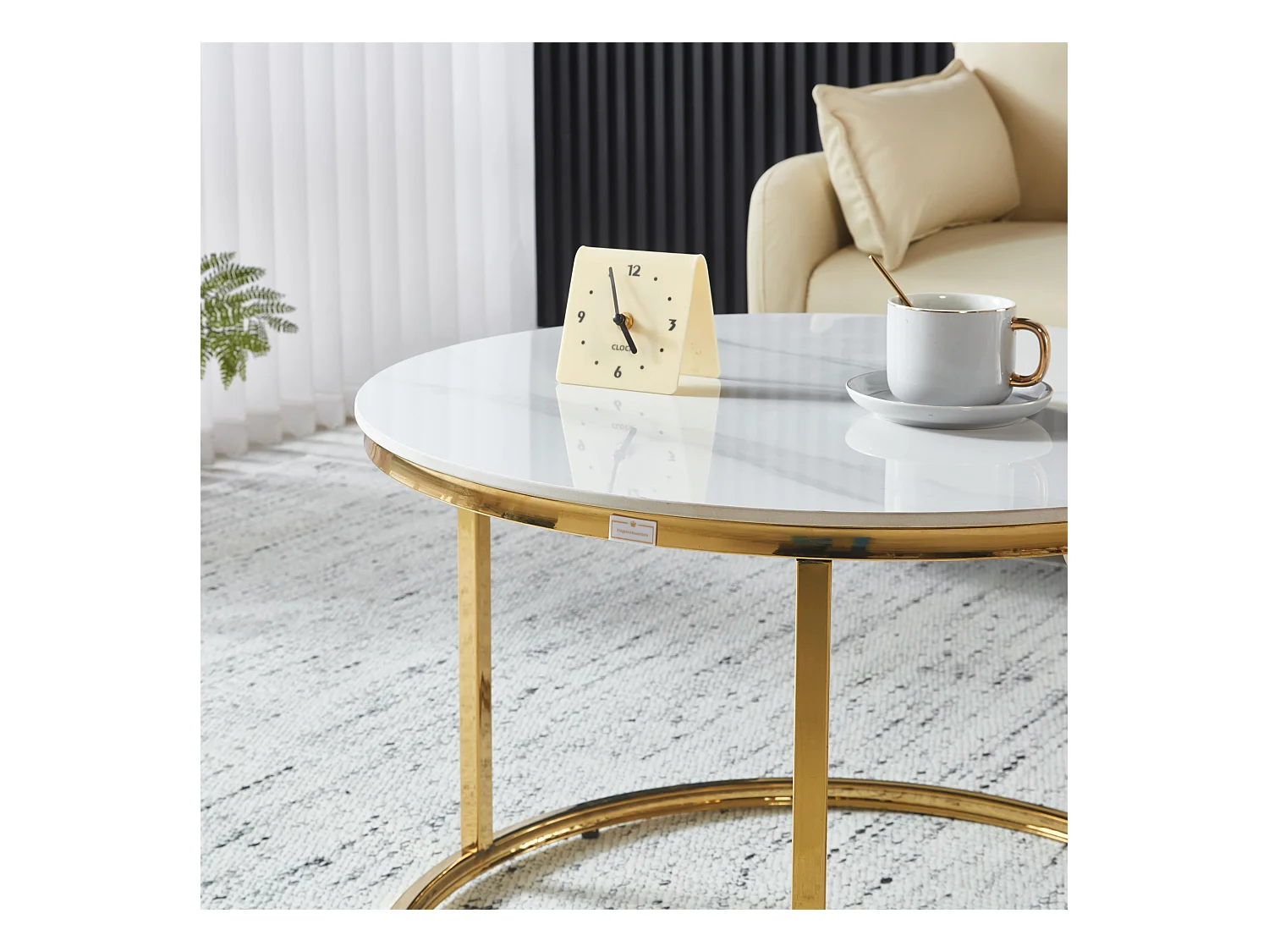 EleganceEssentials – Ensemble de Tables Basses de Luxe (Lot de 2) – Tables Rondes Ø70 & Ø50 cm – Plateau Effet Marbre Blanc – Pieds Métalliques Dorés Brillants