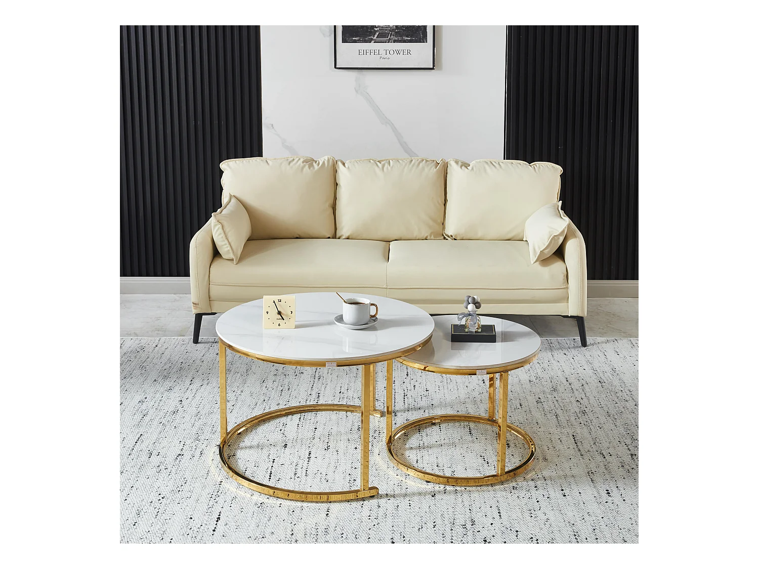 EleganceEssentials – Ensemble de Tables Basses de Luxe (Lot de 2) – Tables Rondes Ø70 & Ø50 cm – Plateau Effet Marbre Blanc – Pieds Métalliques Dorés Brillants