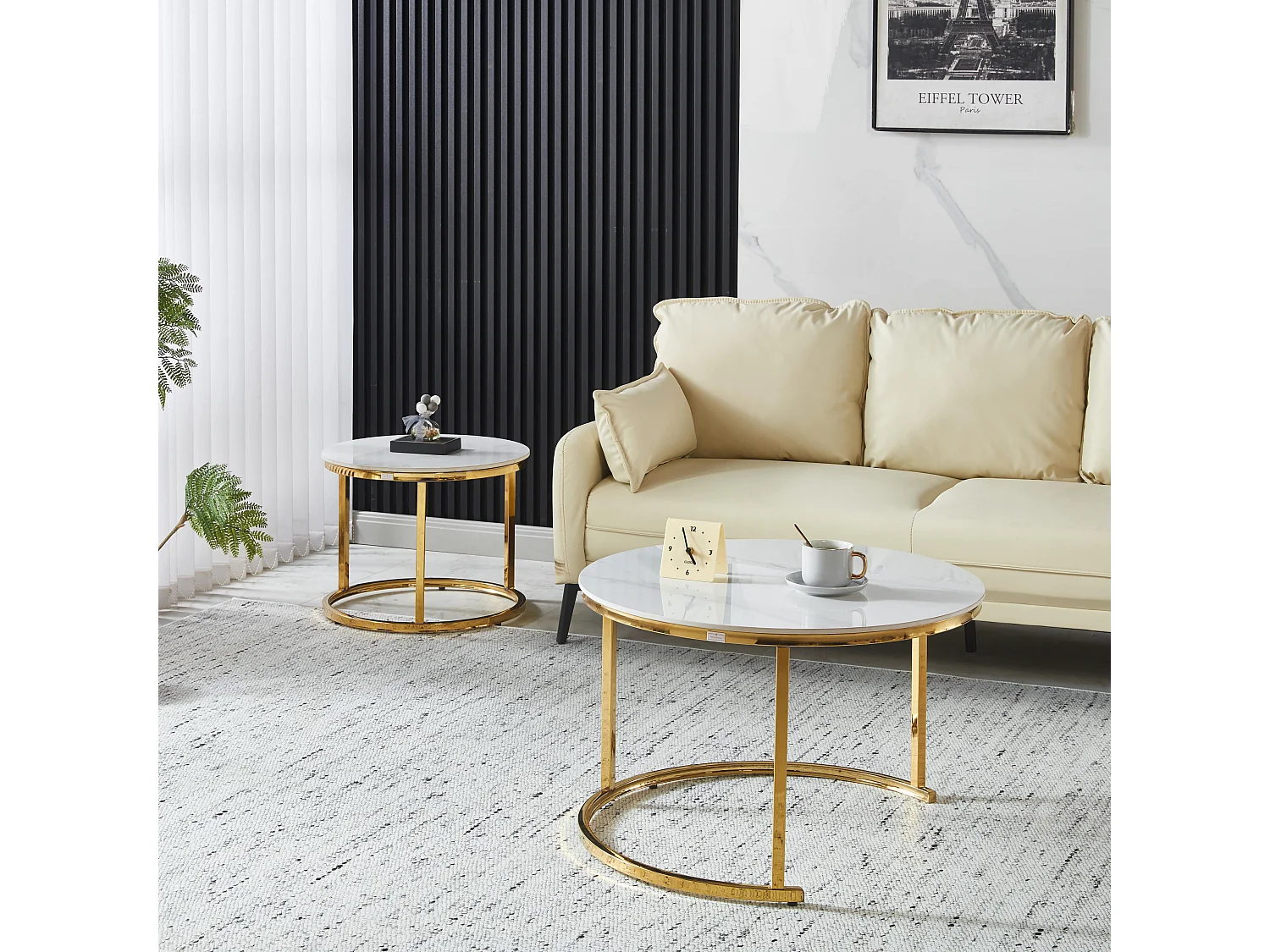EleganceEssentials – Ensemble de Tables Basses de Luxe (Lot de 2) – Tables Rondes Ø70 & Ø50 cm – Plateau Effet Marbre Blanc – Pieds Métalliques Dorés Brillants