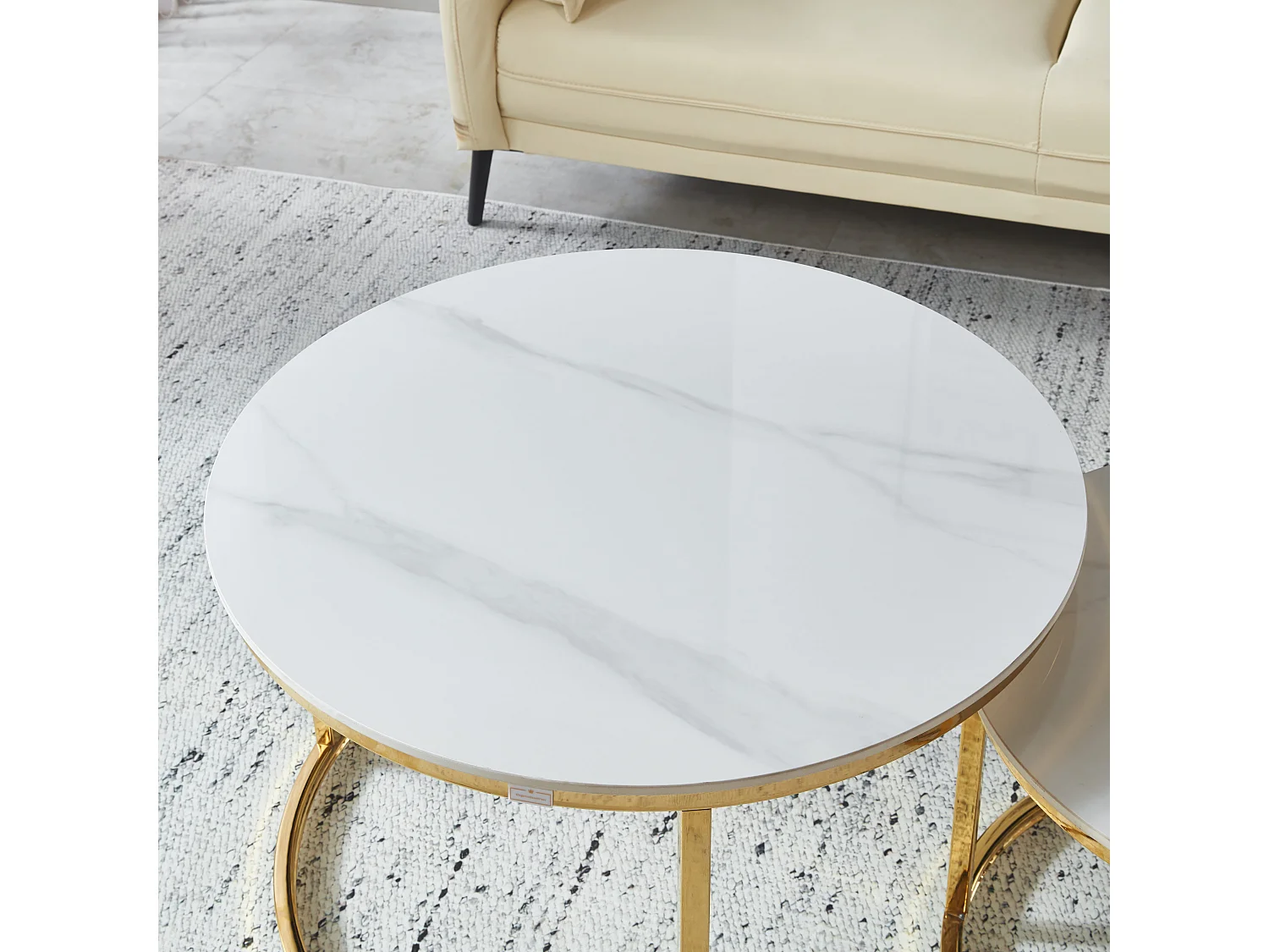 EleganceEssentials – Ensemble de Tables Basses de Luxe (Lot de 2) – Tables Rondes Ø70 & Ø50 cm – Plateau Effet Marbre Blanc – Pieds Métalliques Dorés Brillants