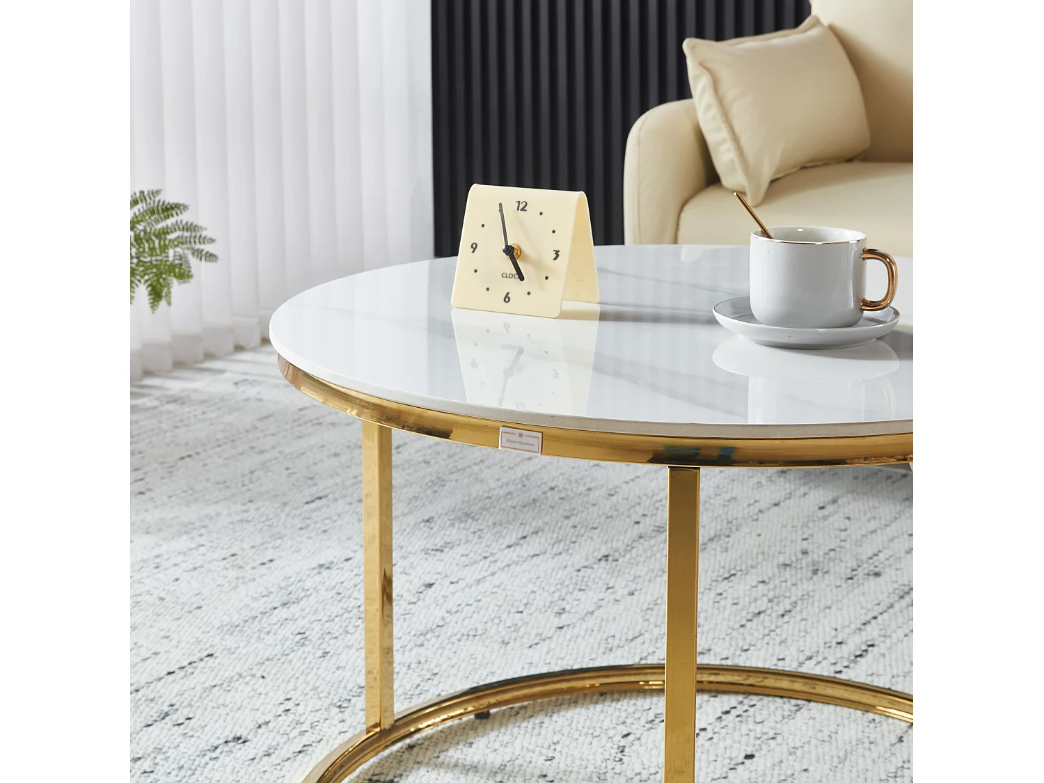 EleganceEssentials – Ensemble de Tables Basses de Luxe (Lot de 2) – Tables Rondes Ø70 & Ø50 cm – Plateau Effet Marbre Blanc – Pieds Métalliques Dorés Brillants