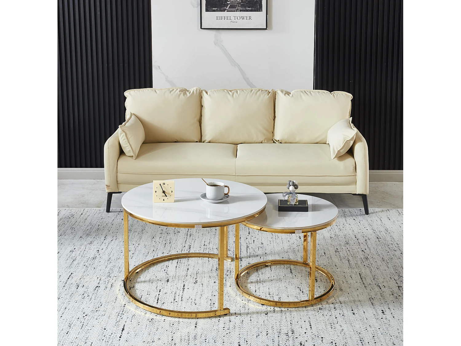 EleganceEssentials – Ensemble de Tables Basses de Luxe (Lot de 2) – Tables Rondes Ø70 & Ø50 cm – Plateau Effet Marbre Blanc – Pieds Métalliques Dorés Brillants