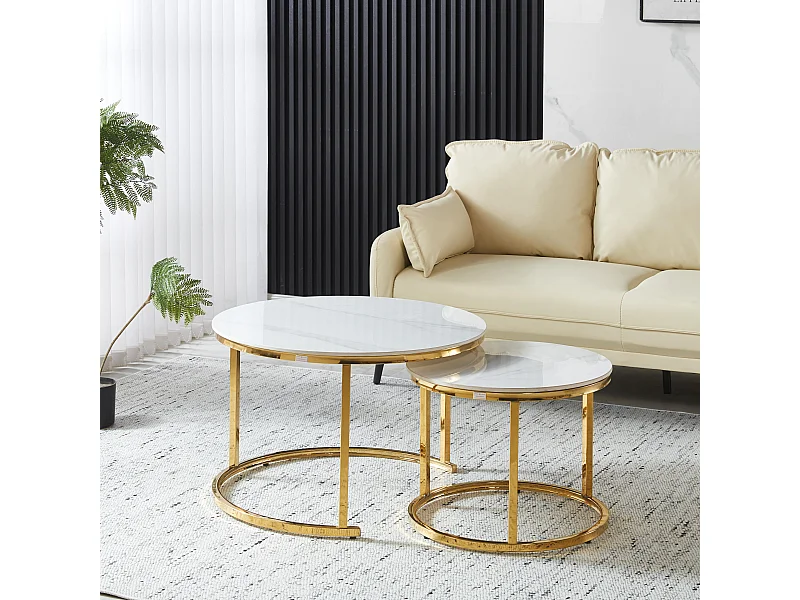EleganceEssentials – Luxe Salontafel Set van 2 – Ronde Tafels Ø70 & Ø50 cm – Wit Marmerlook Steen Blad – Gouden Glazend Metalen Poten