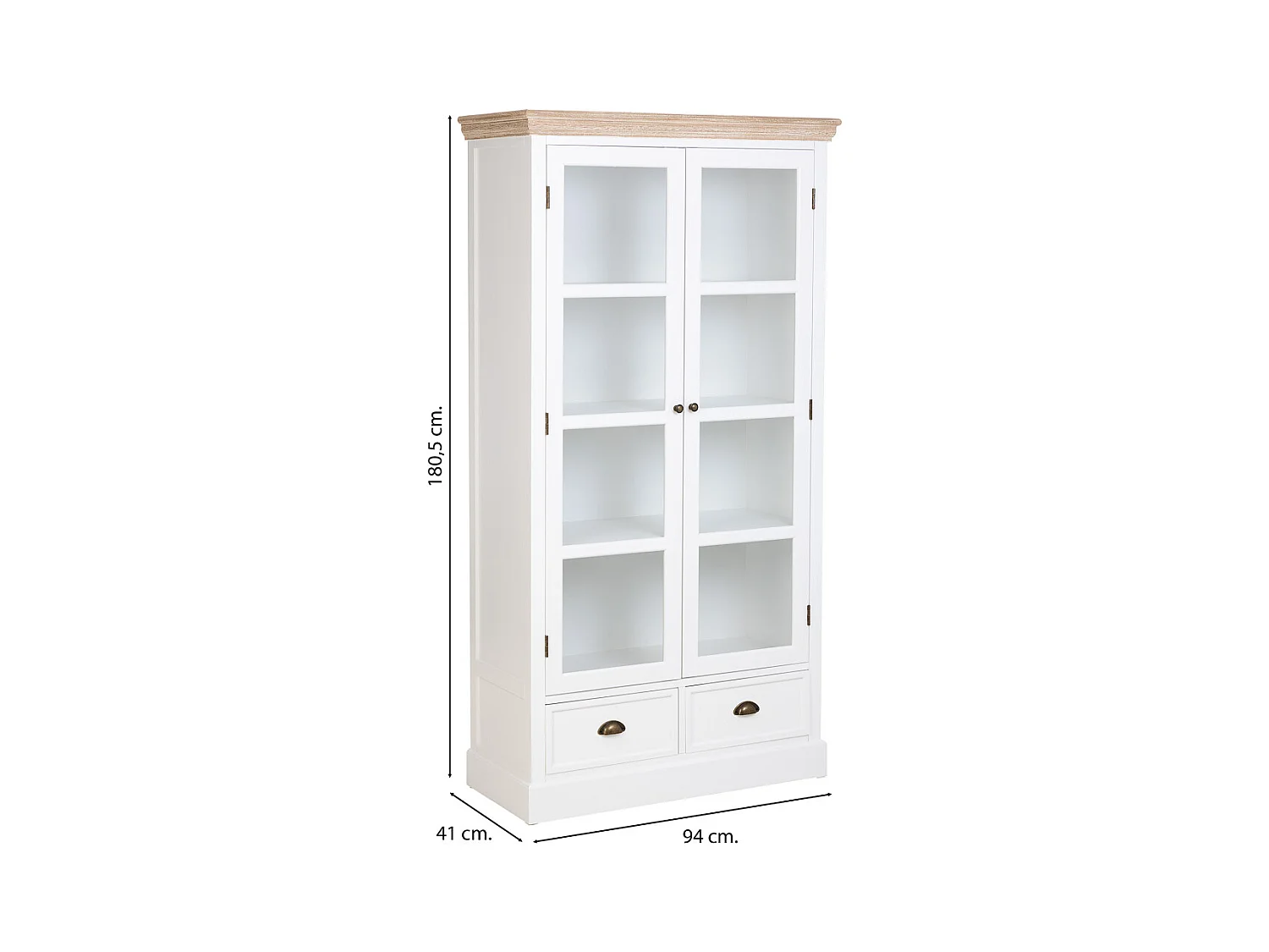 Vitrine em madeira branca com 2 portas e 2 gavetas 94x41x180,5 cm