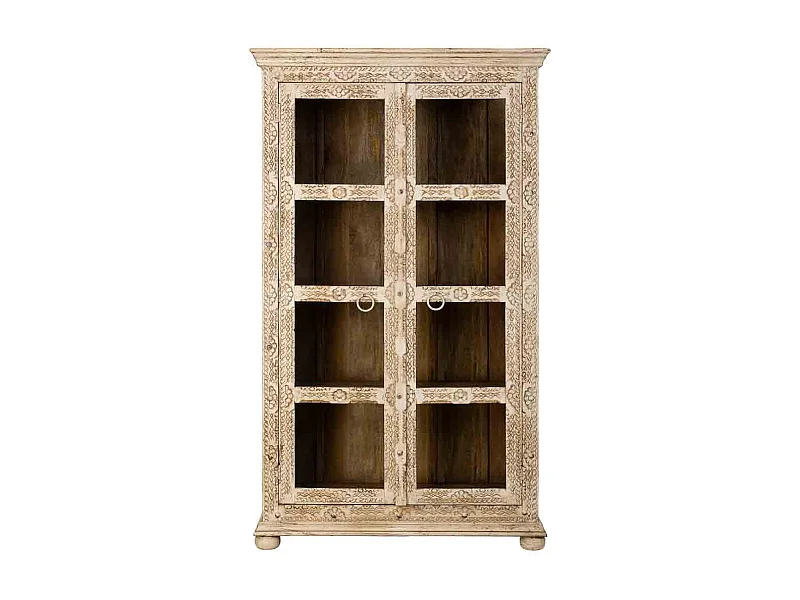 Vitrine de madeira entalhada bege feita à mão, 106x43x180 cm
