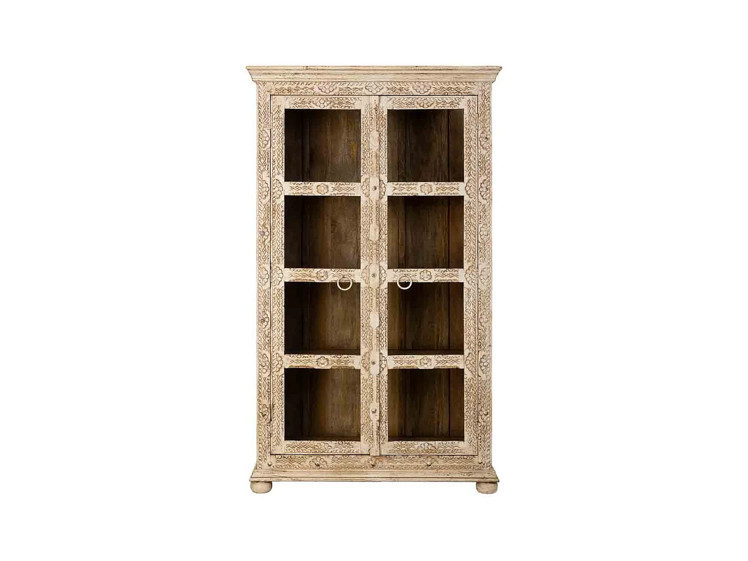 Vitrine en bois beige sculpté, fabriquée à la main, 106x43x180 cm