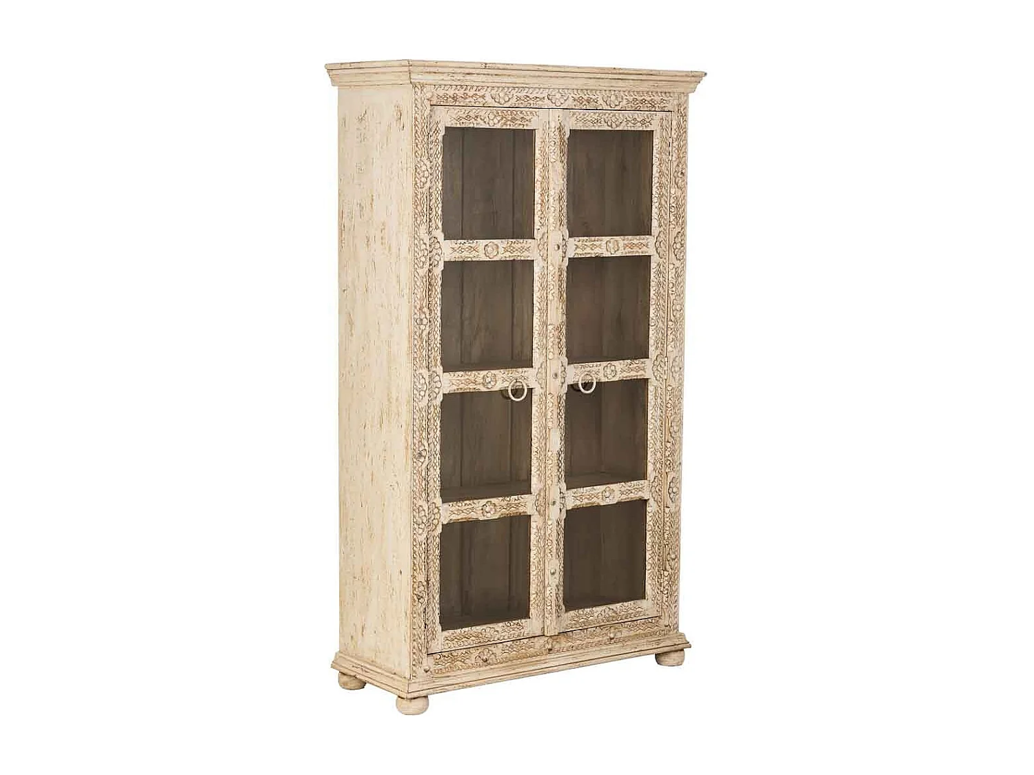 Vitrine en bois beige sculpté, fabriquée à la main, 106x43x180 cm