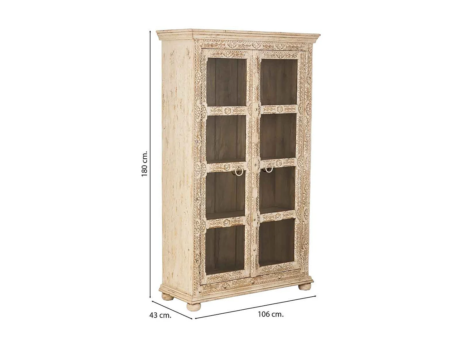 Vitrine en bois beige sculpté, fabriquée à la main, 106x43x180 cm