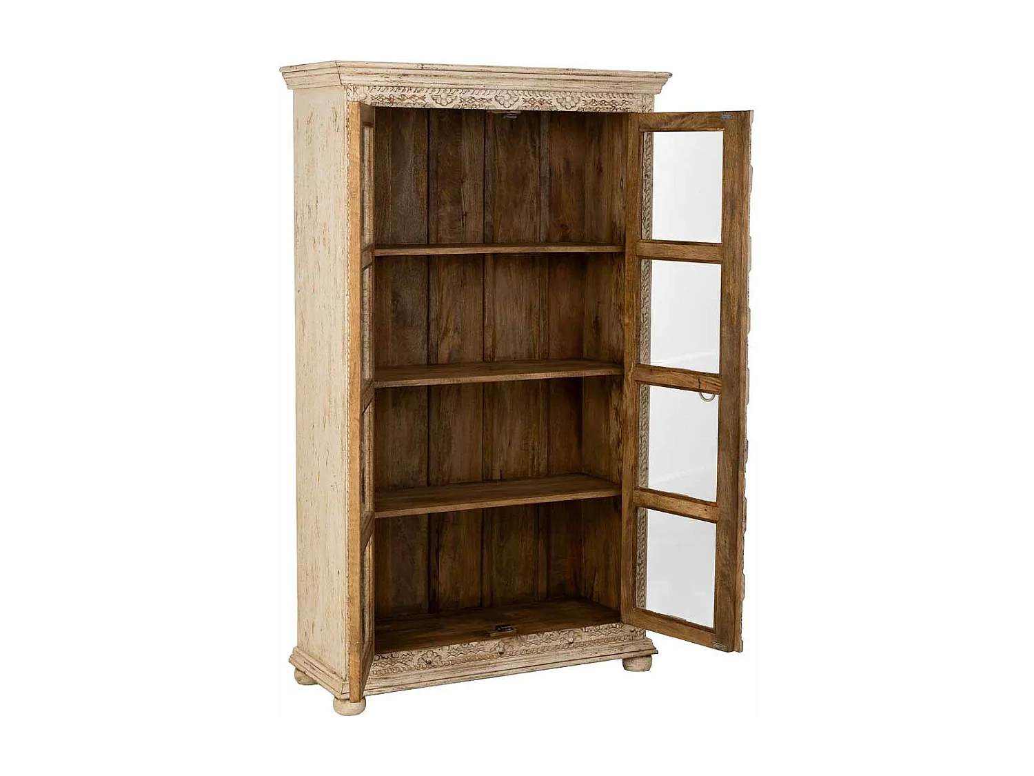 Vitrine en bois beige sculpté, fabriquée à la main, 106x43x180 cm