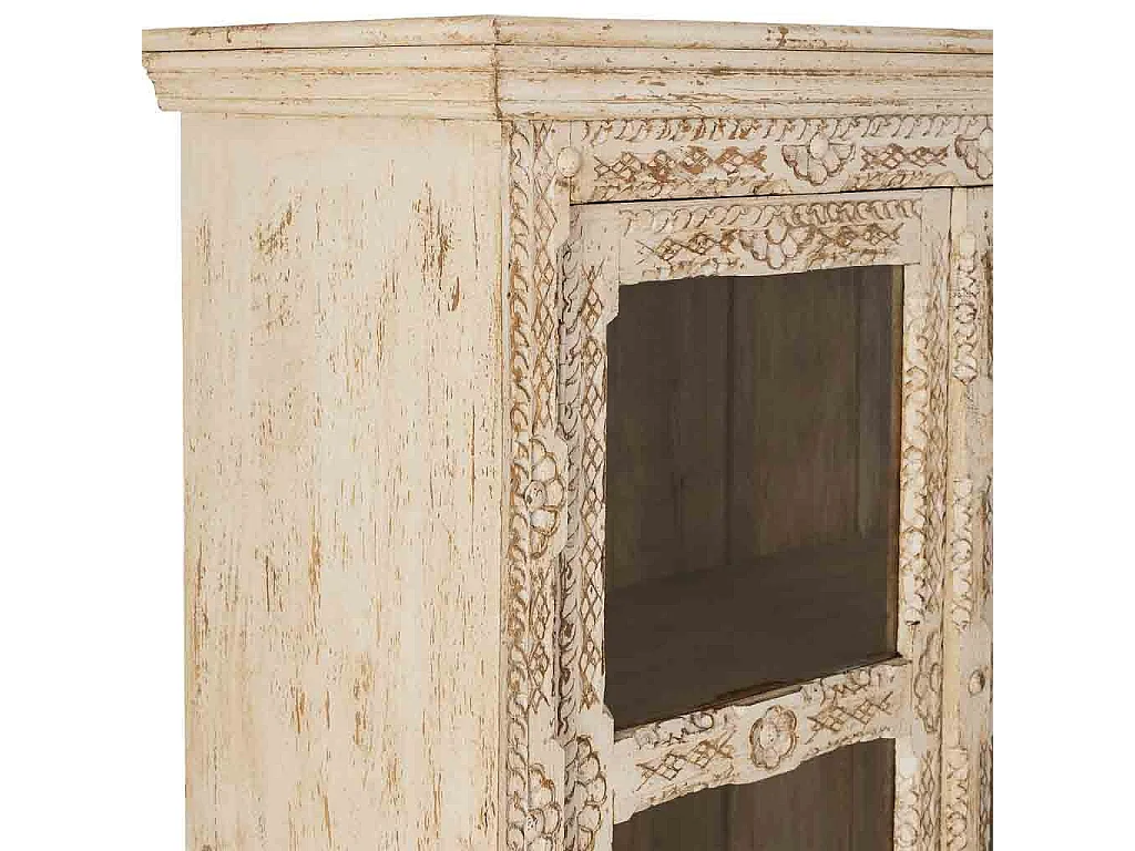 Vitrine en bois beige sculpté, fabriquée à la main, 106x43x180 cm