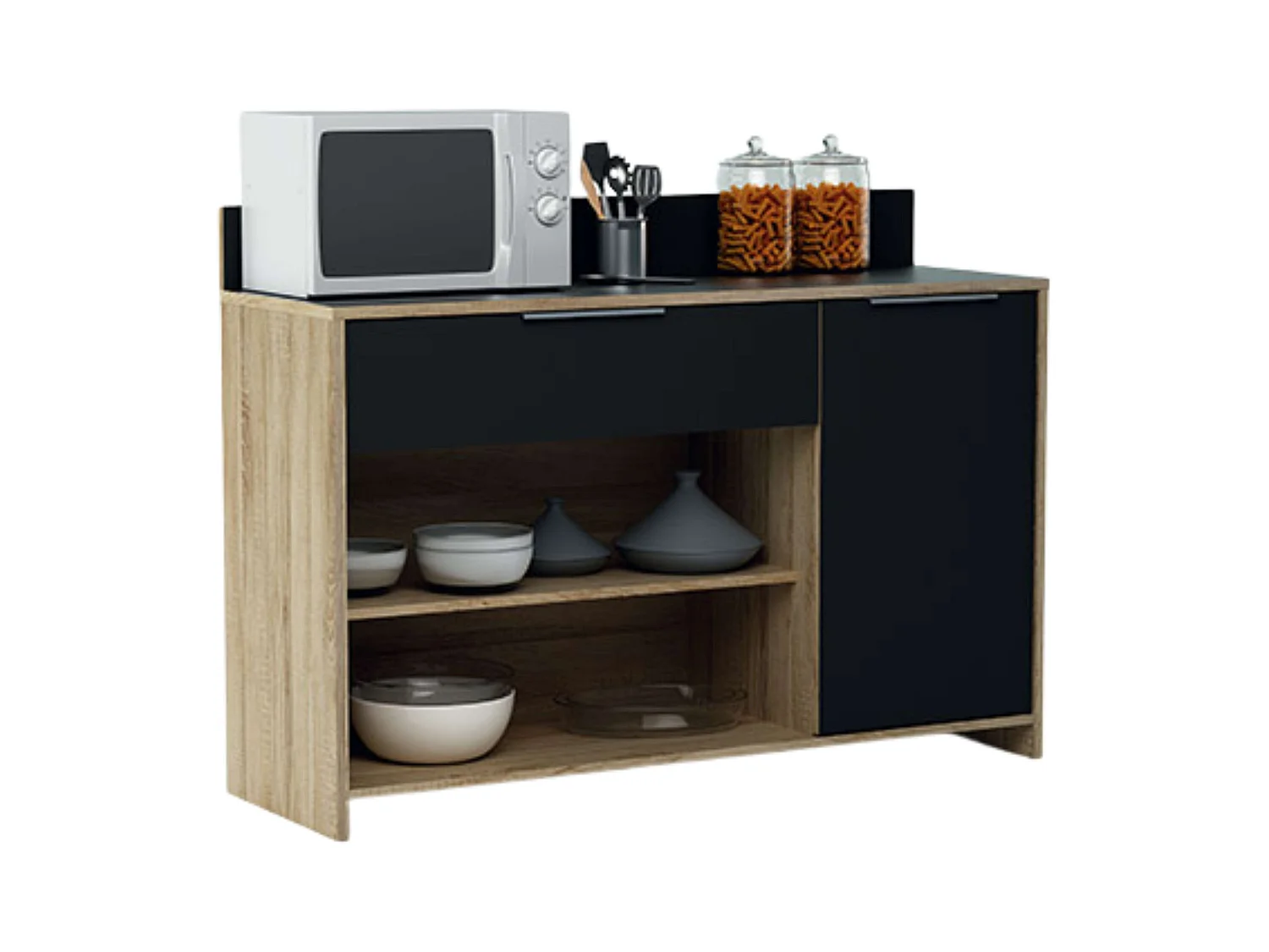 Meuble micro-ondes auxiliaire chêne et noir 123x85x40 cm