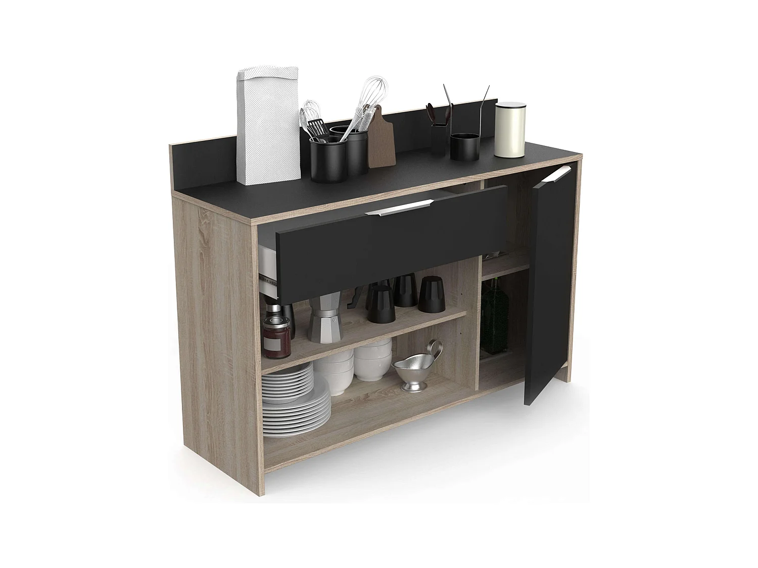 Meuble micro-ondes auxiliaire chêne et noir 123x85x40 cm