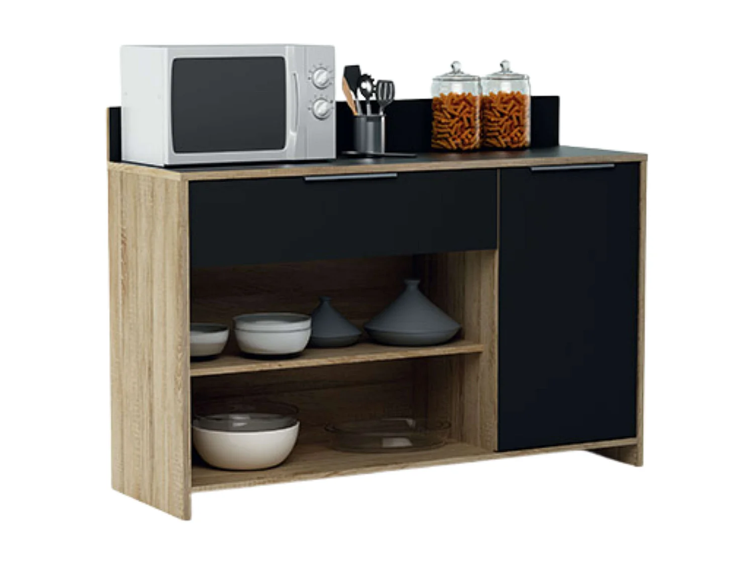 Meuble micro-ondes auxiliaire chêne et noir 123x85x40 cm