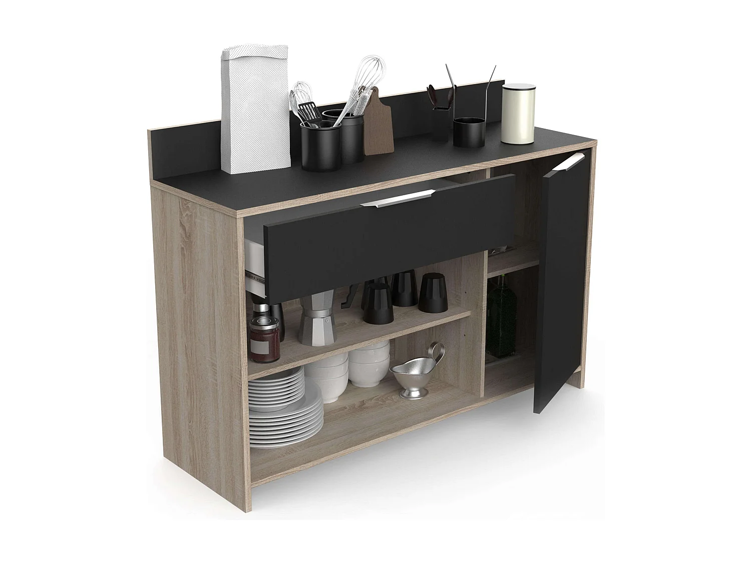 Meuble micro-ondes auxiliaire chêne et noir 123x85x40 cm