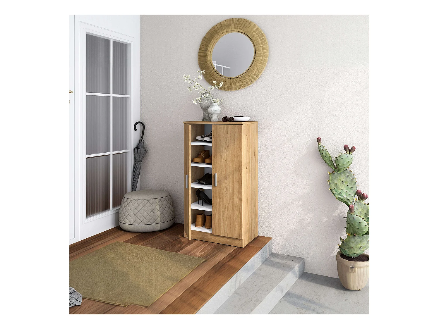 Étagère à chaussures Rhin pour couloir, armoire moderne en chêne naturel
