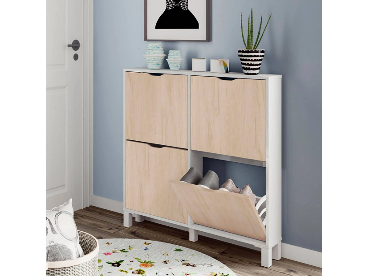 Meuble à chaussures étroit pour couloir en chêne blanc Mary 98 x 97 x 17 cm