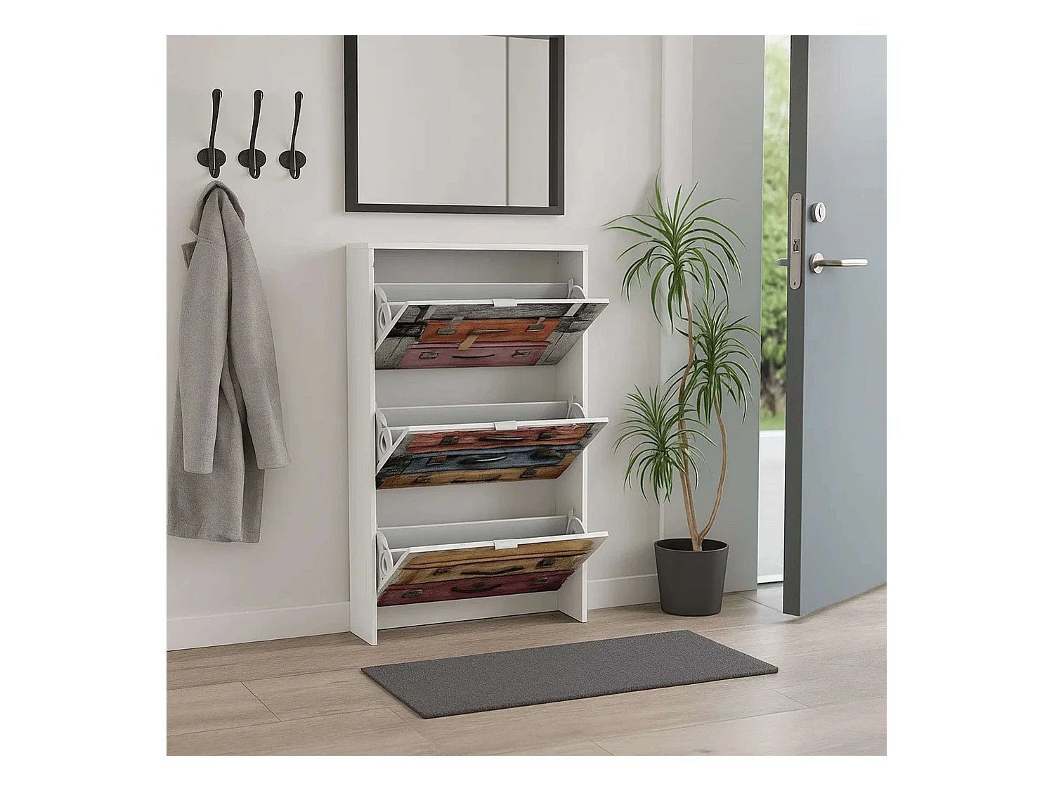Valise à chaussures 3 portes avec imprimé blanc moderne 117 x 60 x 24 cm