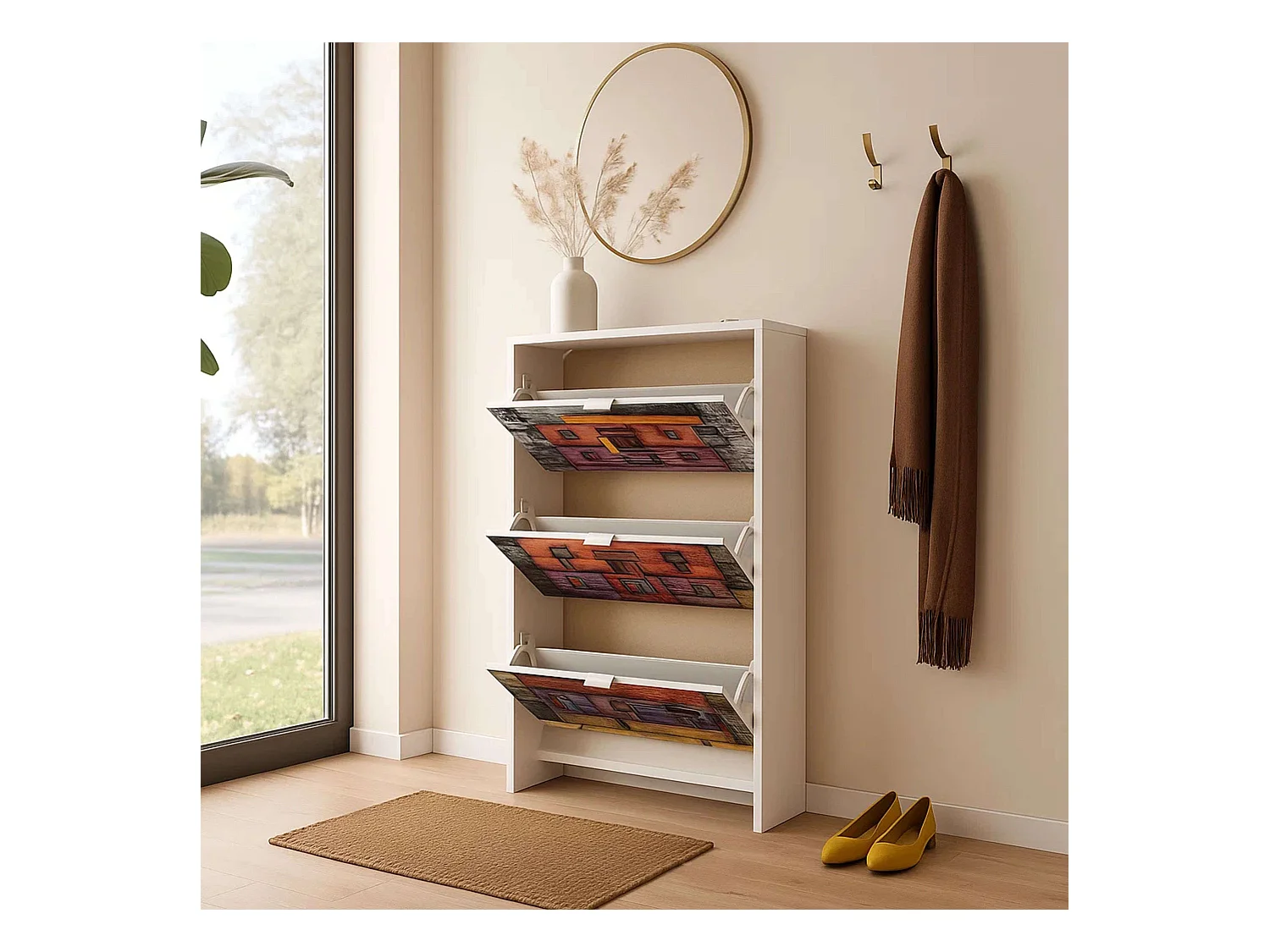 Valise à chaussures 3 portes avec imprimé blanc moderne 117 x 60 x 24 cm