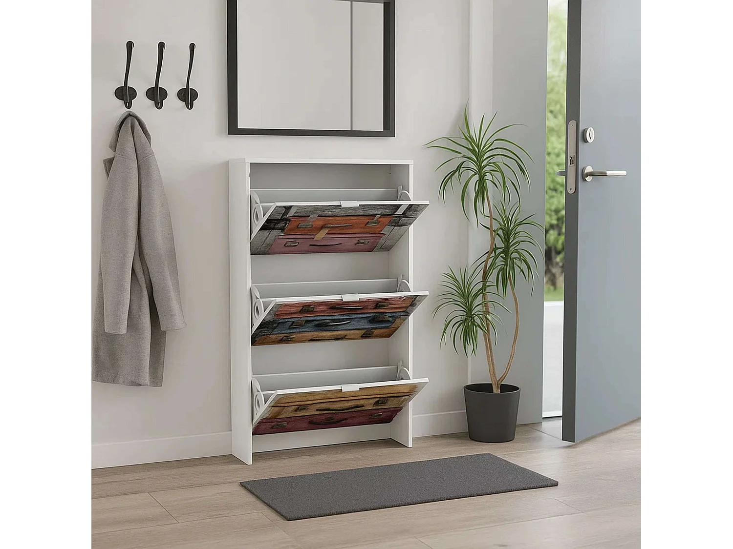 Zapatero Suitcase 3 Puertas c/Impresión Blanco Moderno 117x60x24 cm