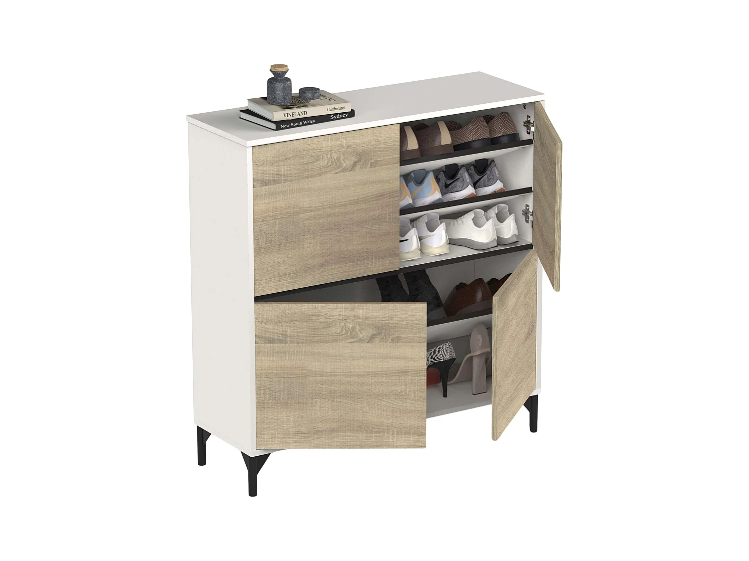 Étagère à chaussures Tokio 4 portes 5 étagères Chêne blanc mat 101 cm