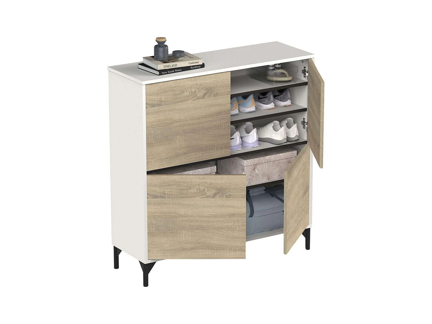 Étagère à chaussures Tokio 4 portes 5 étagères Chêne blanc mat 101 cm