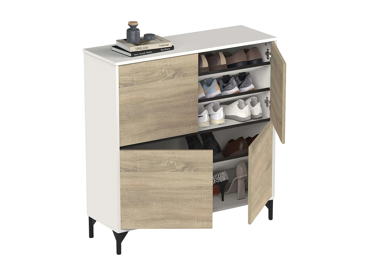 Étagère à chaussures Tokio 4 portes 5 étagères Chêne blanc mat 101 cm