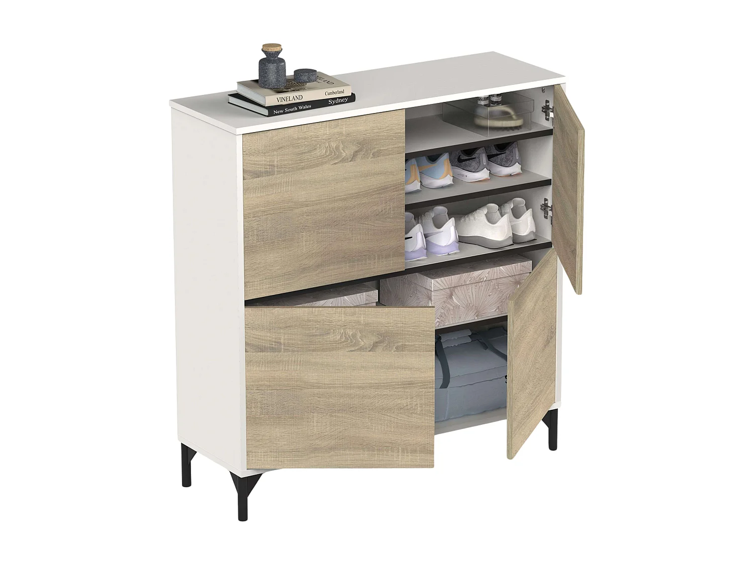 Étagère à chaussures Tokio 4 portes 5 étagères Chêne blanc mat 101 cm