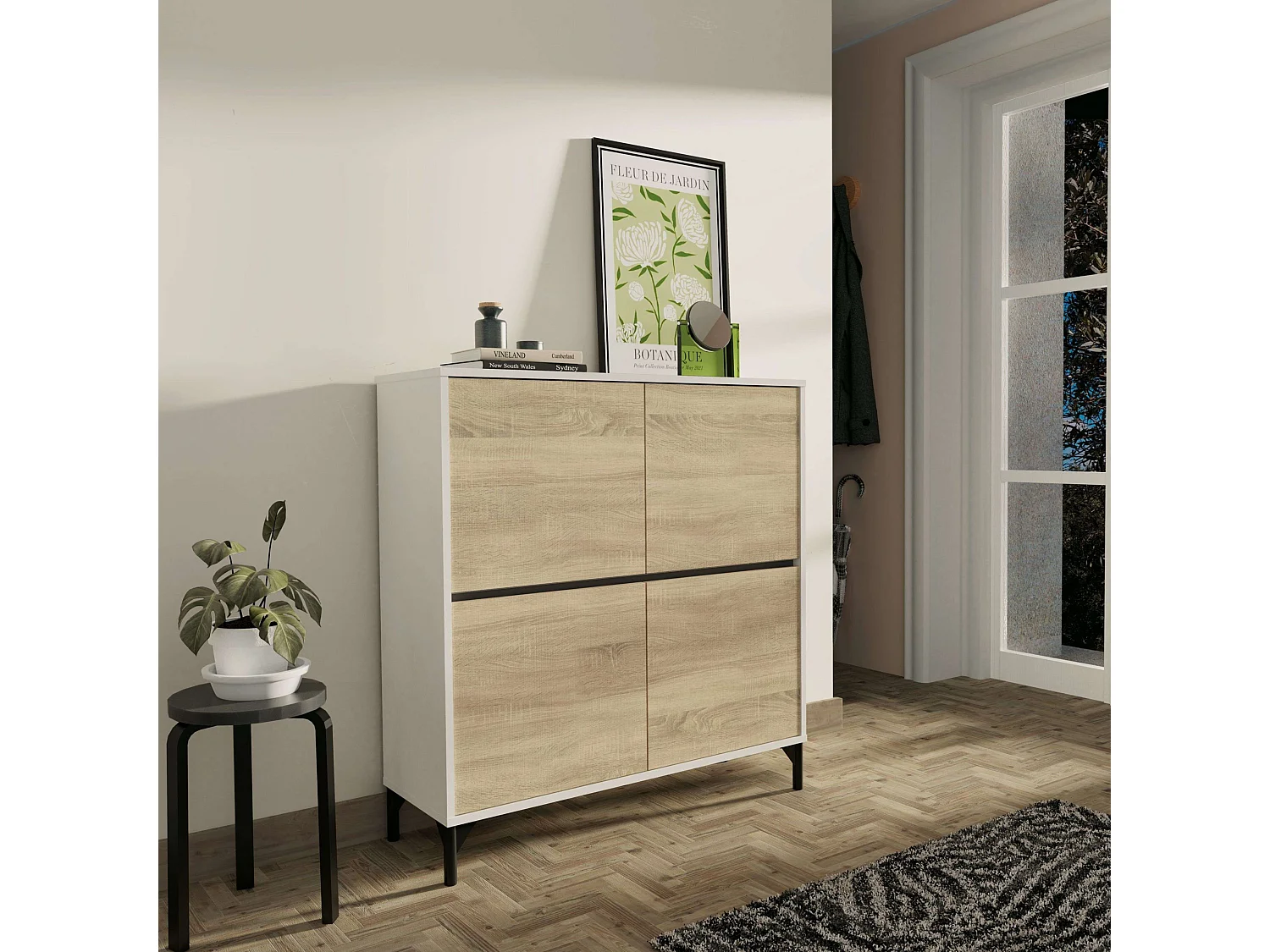 Étagère à chaussures Tokio 4 portes 5 étagères Chêne blanc mat 101 cm