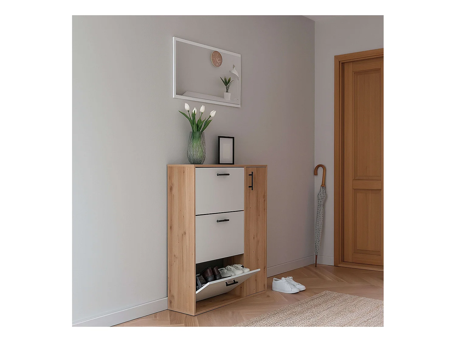 Zapatero con espejo 3 trampones y 1 puerta roble nodi/blanco 106x87x41 cm