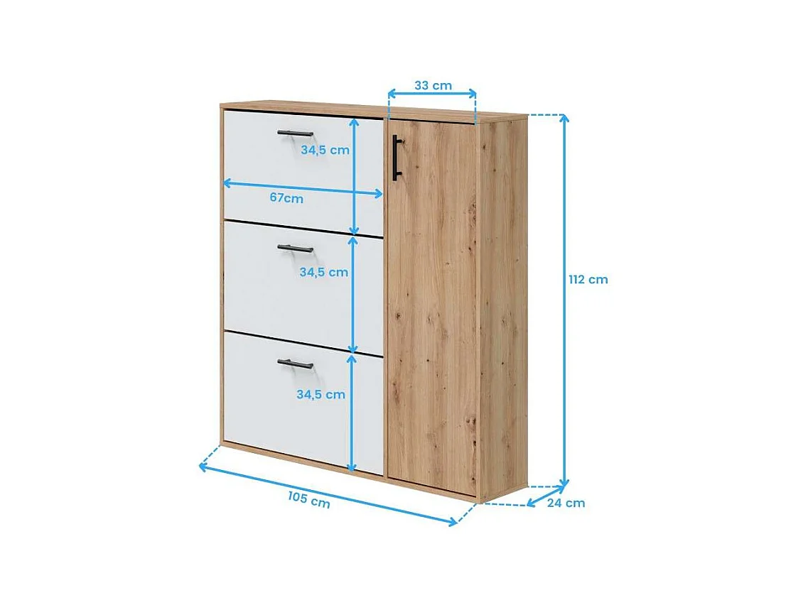 Zapatero con espejo 3 trampones y 1 puerta roble nodi/blanco 106x87x41 cm
